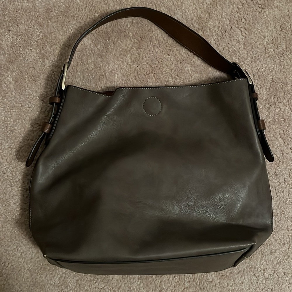 Gray with brown strap leather purse